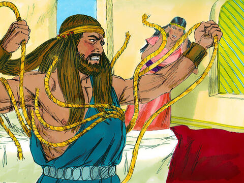 Potem Dalila zawołała:  „Samsonie, Filistyni nadchodzą!” Ale Samson znowu zerwał sznury ze swoich ramion niczym nitki. – Slajd 7