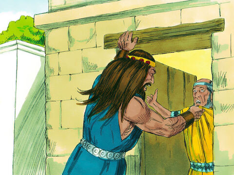 Samson opuścił przyjęcie weselne i wrócił do swoich rodziców. Później, w okresie zbiorów pszenicy, przyniósł swojej żonie prezent – koźlątko. Teść nie pozwolił mu jednak wejść do jej sypialni. W międzyczasie bowiem oddał ją za żonę jego towarzyszowi, bo myślał, że Samson ją znienawidził. Zaoferował mu jednak swoją młodszą córkę za żonę. Rozgniewany Samson powiedział: „Nie jest to tym razem moja wina, że uczynię Filistynom coś złego”.<br/> – Slajd 1