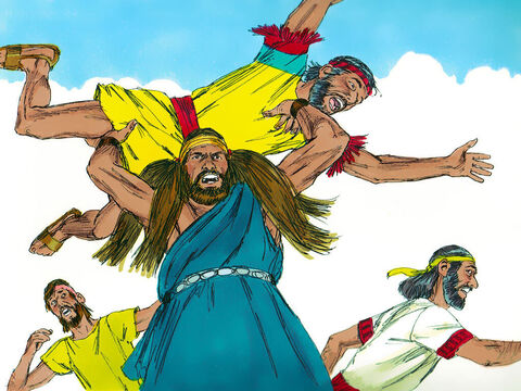 Wówczas Samson powiedział: „Skoro tak zrobiliście, to popamiętacie! Nie ustanę, dopóki się na was nie zemszczę!”. Potem zaatakował Filistynów i zadał im wielką klęskę. – Slajd 5