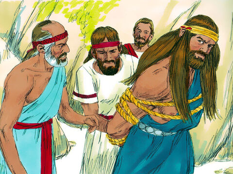 „Przyszliśmy tutaj, by cię związać i wydać Filistynom”, wyjaśnili. Samson im odpowiedział: „Przysięgnijcie mi, że wy mnie nie zabijecie”. Kiedy przysięgli, Samson dał im się związać dwoma nowymi powrozami. <br/> – Slajd 10