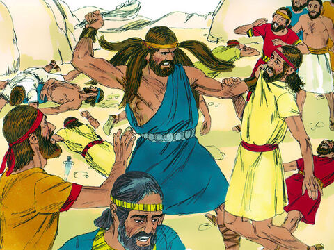 Samson znalazł świeżą szczękę oślą, zabił nią tysiąc Filistynów i zawołał: „Oślą szczęką ich pokonałem. Oślą szczęką zabiłem tysiąc mężczyzn!” Później miejsce to nazwano Ramat-Lechi (Wzgórze Szczęki). – Slajd 12