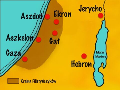 Bóg wydał ich więc w ręce Filistynów na 40 lat. Był to lud, który żył na południowym wybrzeżu. Mieściło się tam 5 głównych miast: Aszkelon, Gaza, Aszdod, Ekron i Gat. – Slajd 2