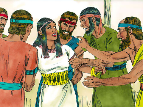 Czwartego dnia zwrócili się do żony Samsona: „Wyciągnij od męża rozwiązanie tej zagadki, bo jeśli nie, to spalimy ciebie i dom twojego ojca. Czy po to zaprosiliście nas na przyjęcie, aby nas ograbić?” – Slajd 16