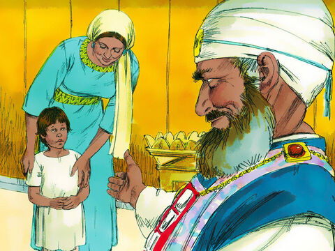 Kiedy Samuel podrósł, Anna dotrzymała obietnicy i przyprowadziła syna do Przybytku, aby oddać go na służbę dla Pana. Powiedziała wtedy: „O tego chłopca się modliłam, a Pan spełnił moją prośbę. Dlatego oddaję go Panu, aby do Niego należał do końca swego życia”. – Slajd 12