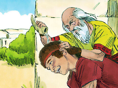 Samuel wziął oliwę z oliwek i namaścił Dawida w obecności jego braci. Natychmiast też Duch Pana opanował Dawida i wypełniał go od tego dnia. – Slajd 12