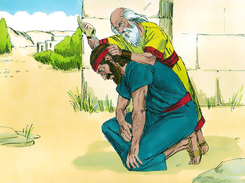 Kiedy byli sami, Samuel wziął naczynie z olejem i wylał go na głowę Saula, ucałował i powiedział: „Czynię to dlatego, że Pan namaścił cię na przywódcę Swego narodu”. Później Samuel powiedział Saulowi o trzech rzeczach, których doświadczy w najbliższej  przyszłości. – Slajd 14