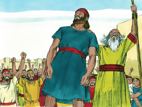 Ludzie pobiegli i przyprowadzili Saula, a przewyższał on wszystkich o głowę. Samuel zawołał: „Czy widzicie człowieka, którego wybrał Pan? Nikt z całego ludu mu nie dorówna”. Ludzie zaś zawołali: „Niech żyje król!”. Samuel ogłosił prawa i obowiązki króla wszystkim zgromadzonym, a później spisał je na zwoju. Ludzie rozeszli się do swoich domów, ale nie wszyscy byli zadowoleni. Niektórzy narzekali i mówili: „Jak ten może nas uratować?”. – Slajd 18