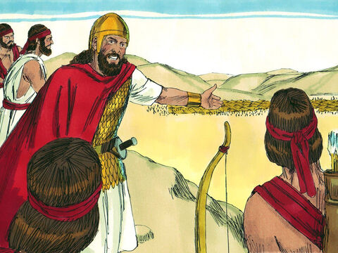 Król Saul wyruszył z wojskami, aby bronić kraju. Cała armia izraelska zebrała się na wzgórzach Gilboa, ale kiedy Saul zobaczył Filistynów, to bardzo się przestraszył.<br/> – Slajd 3