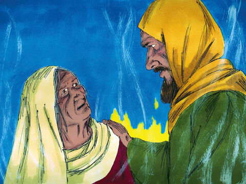 Saul obiecał jej jednak, że zapewni jej bezpieczeństwo. Potem Saul kazał jej, aby przywołała ducha proroka Samuela. Kiedy Saul usłyszał głos Samuela, to powiedział: „Jestem w ciężkiej niedoli, Samuelu. Powiedz, co mam czynić”.<br/> – Slajd 8