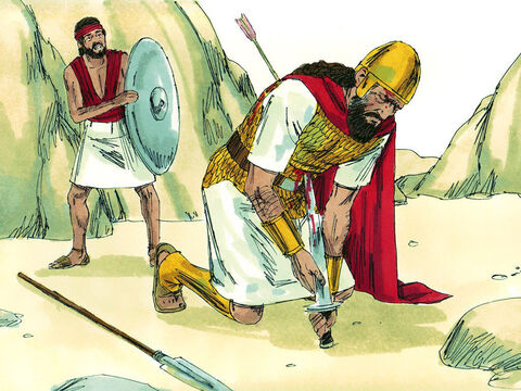 Saul został poważnie zraniony strzałą. A ponieważ nie chciał być złapany przez wrogów, to poprosił swego giermka, aby go dobił. Ten jednak odmówił. Wtedy Saul sam rzucił się na swój miecz. – Slajd 11