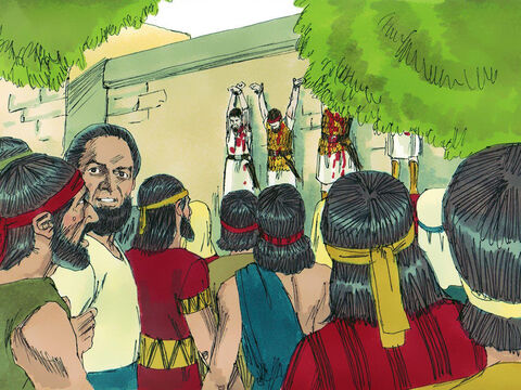 Następnego dnia Filistyni znaleźli ciała Saula i jego synów i powiesili ich zwłoki na murze miejskim w Bet–Szean. – Slajd 12