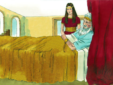 Kiedy król Dawid był już stary i słaby, wybrano kobietę o imieniu Abiszag, aby się nim opiekowała. Dawid miał wielu synów z kilkoma swoimi żonami, ale obiecał Batszebie, matce Salomona, że to właśnie jej syn odziedziczy królestwo. – Slajd 1