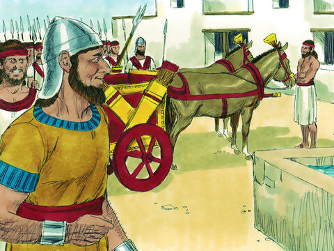 Jednak Adoniasz, syn Dawida, młodszy brat Absaloma, dostrzegł sposobność zostania królem. Przygotował rydwany i konie oraz 50 mężczyzn, którzy mieli przed nim biec. – Slajd 2