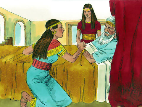 Batszeba poszła do króla, który był już bardzo stary i pokłoniła się mu. Powiedziała o tym, że Adoniasz obwołał się królem i ma poparcie Joaba oraz innych dworzan. Prosiła króla, aby obwieścił Izraelowi, kogo wybrał na swego następcę. Kiedy jeszcze to mówiła, przybył Natan i potwierdził jej słowa. – Slajd 6
