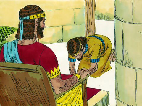 Król Salomon posłał po Adoniasza. Kiedy ten przyszedł, oddał królowi pokłon. Salomon zaś rozkazał: „Idź do domu!”. – Slajd 12