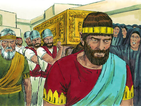 Gdy Dawid umarł, został pochowany w Jerozolimie, zwanej również Miastem Dawida. Władza Salomona natomiast umocniła się, a on rozprawił się ze swoimi wrogami, zwolennikami Adoniasza. – Slajd 14
