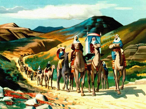 Przebyła więc tysiące kilometrów przez pustynię. Za nią szła karawana wielbłądów niosących dary dla króla – złoto, przyprawy i klejnoty. – Slajd 23