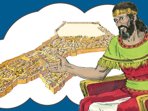 Bóg nie pozwolił królowi Dawidowi wybudować świątyni, bo był człowiekiem uwikłanym w wojny. Dawid jednak przygotował ziemię pod budowę świątyni i zgromadził materiały potrzebne do jej budowy. – Slajd 1