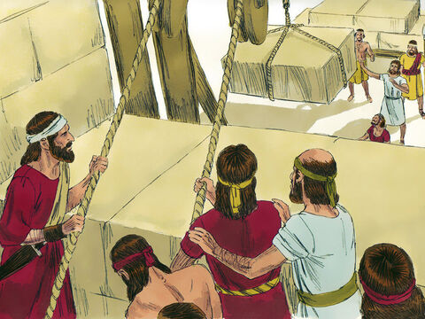 Salomon wyznaczył 70 tysięcy tragarzy i 80 tysięcy kamieniarzy w górach oraz 3 tysiące 300 nadzorców. Świątynię budowano z kamieni ociosanych już w kamieniołomach, dlatego podczas budowy nie było słychać młotów, siekier ani żadnych narzędzi żelaznych. – Slajd 5
