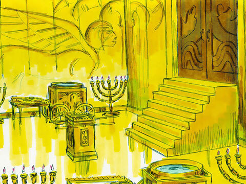 Wnętrze świątyni wyłożone było szczerym złotem. Również podłoga była pokryta złotem od wewnątrz i na zewnątrz. Ze złota zrobiono także ołtarz, stół na chleby pokładne, świeczniki i inne meble. – Slajd 7