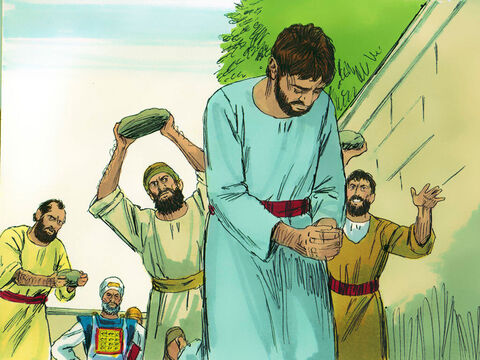 Zdjęli swoje płaszcze i zostawili je do pilnowania człowiekowi, który miał na imię Szaweł. Potem zaczęli rzucać w Szczepana kamieniami. – Slajd 15