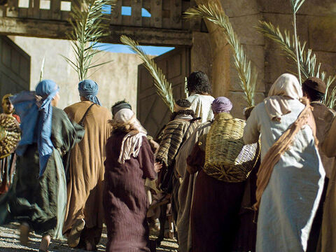Jezus wjeżdża do Jeruzalem na osiołku, a tłum wita Go z gałązkami palmowymi i woła: „Hosanna!”. Wydarzenie to wspominamy w Niedzielę Palmową. (Mateusza 21:1-11, Marka 11:1-11, Łukasza 19:28-44, Jana 12:12-17) – Slajd 18