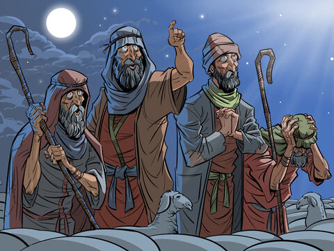 Pasterze na polach betlejemskich usłyszeli nowinę o narodzinach Zbawiciela.<br/>(Łukasza 2:8–20) – Slajd 1