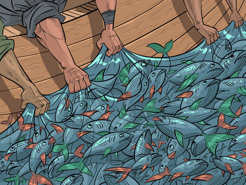 Kiedy rybacy posłuchali Jezusa i zarzucili sieci po drugiej stronie łodzi, złowili wiele ryb.<br/>(Łukasza 5:1–11) – Slajd 3
