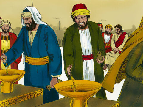 Jezus usiadł w świątyni w Jerozolimie naprzeciw skarbony i zaczął się przyglądać ludziom, którzy wrzucali pieniądze do dużych złotych mis w kształcie trąby i słyszał, jak monety wpadają do wielkich skrzyń pod spodem. (W świątyni było 13 takich skrzyń). – Slajd 1