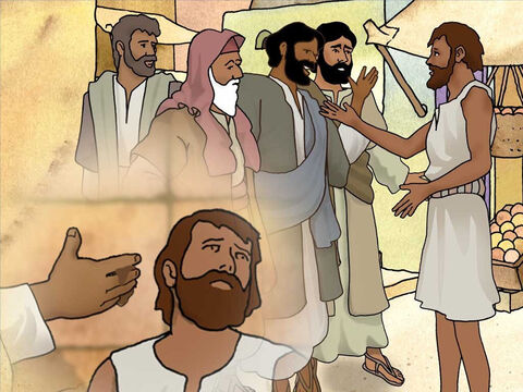 Uzdrowiony opowiedział im o tym, jak Jezus zrobił glinę, przyłożył ją do oczu i kazał mu iść i umyć się w  sadzawce Siloe. Żydzi zapytali niewidomego o to, gdzie jest Jezus. On nie umiał im jednak odpowiedzieć. – Slajd 8
