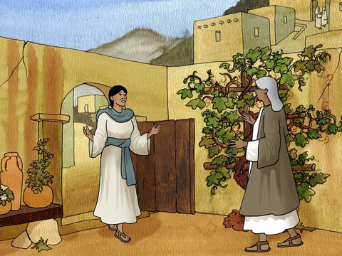 „W tych dniach Maria nie zwlekając udała się w góry, do miasta w Judei. Weszła do domu Zachariasza i pozdrowiła Elżbietę. Gdy Elżbieta usłyszała pozdrowienie Marii, poruszyło się w niej dziecko, a Duch Święty napełnił Elżbietę” (Łukasza 1:39–41; Biblia Ekumeniczna). – Slajd 9