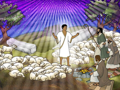 „W tej okolicy koczowali pasterze i trzymali nocne straże nad swoim stadem. Nagle ukazał się im anioł Pana i chwała Pana zajaśniała wokół nich. Ogarnął ich wielki strach” (Łukasza 2:8–9; Biblia Ekumeniczna). – Slajd 16