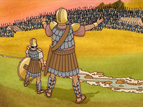 Goliat zawołał do Izraelitów: „Dlaczego wyruszacie w szyku bojowym?... Wybierzcie sobie wojownika! Niech stoczy ze mną pojedynek! Jeśli mnie pokona, będziemy waszymi niewolnikami, ale jeśli ja go zwyciężę, wy będziecie naszymi niewolnikami”. – Slajd 9