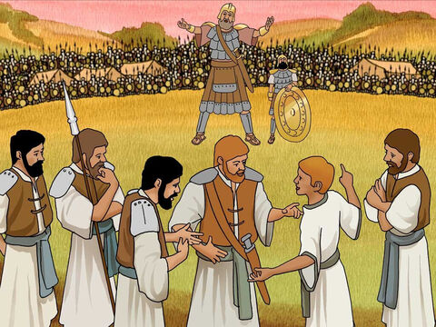 Dawid odwiedził swoich braci na polu bitwy. Kiedy jeszcze rozmawiali, z szeregów filistyńskich wyszedł Goliat i zaczął krzyczeć jak zwykle. Kiedy Izraelici go zobaczyli, uciekali w przerażeniu. – Slajd 11