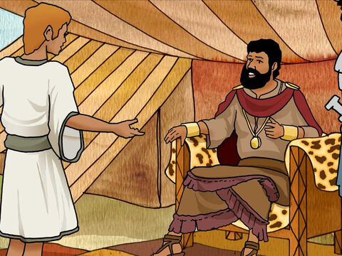 Dawid został zabrany do króla Saula. „Wasza Wysokość – powiedział Dawid – nikt nie powinien bać się tego Filistyna! Ja pójdę, aby z nim walczyć”. – Slajd 13