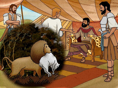 „Zabijałem lwy i niedźwiedzie, które atakowały owce mojego ojca – odpowiedział Dawid – a teraz to samo zrobię z tym Filistynem, który znieważa wojska żywego Boga. Pan uratuje mnie przed Goliatem”.<br/>„Idź! A Pan niech będzie z Tobą” – odpowiedział Saul. – Slajd 15