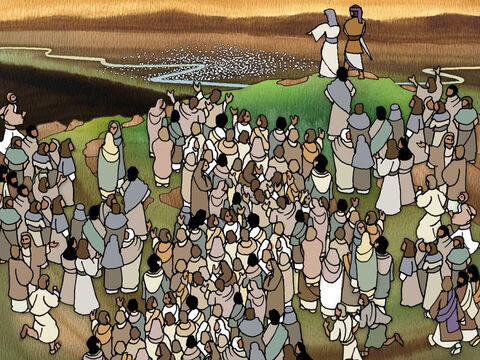 Debora, Barak i dzielni Izraelici stali na górze Tabor, obserwując jak Sisera organizuje swoją armię w dolinie rzeki Kiszon. Wojska przeciwnika były potężne, uzbrojone w rydwany bojowe. Izraelici zaczęli się martwić. W jaki sposób mogą pokonać tak potężnego wroga? – Slajd 12