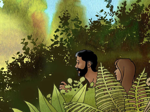 Potem usłyszeli Pana Boga, który przechadzał się po ogrodzie w powiewie dnia. Ukryli się więc pomiędzy drzewami.<br/>A Bóg zawołał człowieka: „Gdzie jesteś?”. – Slajd 10
