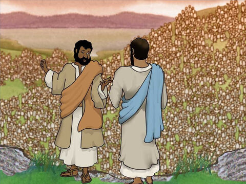 Jezus powiedział do jednego ze swoich uczniów, Filipa: „Gdzie kupimy chleba, aby oni mogli się najeść?”. Zdziwiony Filip odpowiedział, że nie ma możliwości zakupienia tyle jedzenia, aby wszystkich nakarmić. – Slajd 6