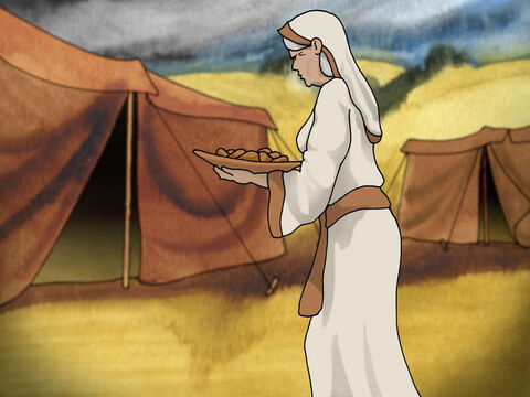 Rebeka przygotowała posiłek i dała Jakubowi, aby zaniósł ojcu. Potem okryła ręce i gładką szyję Jakuba skórkami koźląt i dała mu ubranie Ezawa. Jakub poszedł do ojca i udawał, że jest Ezawem. – Slajd 7
