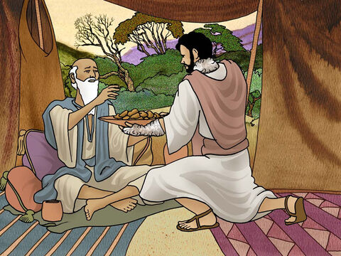 Izaak zapytał: „Kim jesteś?”. „Jestem twoim pierworodnym synem, Ezawem” – odpowiedział Jakub. „Podejdź bliżej, abym cię dotknął i sprawdził, czy to ty jesteś moim synem Ezawem” – zarządził Izaak. Izaak dał się oszukać i pobłogosławił Jakuba. – Slajd 8