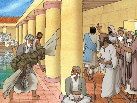 Wówczas Jezus polecił mu: „Wstań, weź swoje posłanie i chodź!”. I chory natychmiast wyzdrowiał. Zabrał swoje posłanie i zaczął chodzić. Świadkowie tego wydarzenia byli zdumieni. Jezus zaś oddalił się od tłumu. – Slajd 4