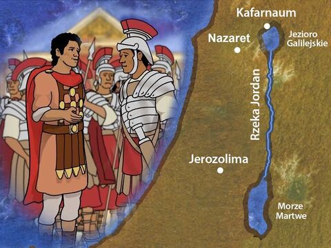 W miasteczku Kafarnaum mieszkał pewien rzymski setnik – dowódca, któremu podlegało stu żołnierzy. Setnik zbudował synagogę w Kafarnaum dla mieszkających tam Żydów. Dlatego też był bardzo poważany przez mieszkańców tego miasta. – Slajd 1