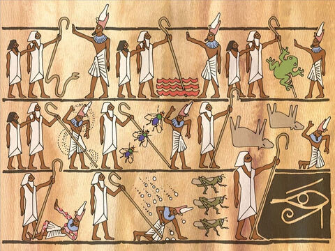 Nie było to łatwe, aby zmusić faraona do uwolnienia jego hebrajskich niewolników. Przez Mojżesza Bóg pokazał swoją moc poprzez wiele strasznych plag. Serce faraona było jednak twarde i nadal nie pozwolił Hebrajczykom odejść (por. Wyjścia 7–11). – Slajd 3