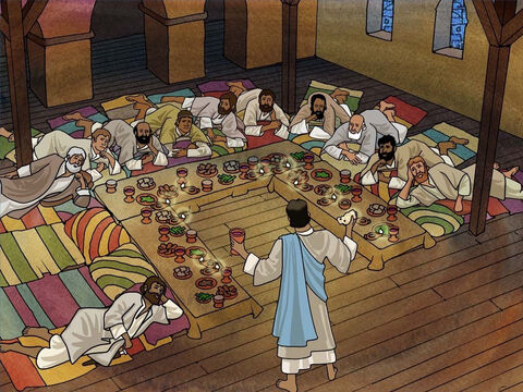 Jezus wiedział, że wkrótce zostanie ukrzyżowany. Podczas kolacji paschalnej wziął do ręki chleb, podziękował za niego Bogu, łamał i dawał uczniom swoim mówiąc: „Weźcie i jedzcie, to jest ciało moje, które się za was daje. Czyńcie to na moją pamiątkę”. – Slajd 10