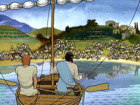 Jezus poprosił Szymona, aby zabrał Go do łodzi i odpłynął kawałek od brzegu. Następnie przemawiał do ludzi i nauczał ich o Bogu i Jego królestwie. Mimo że Szymon był zmęczony, uważnie słuchał słów Jezusa. – Slajd 4