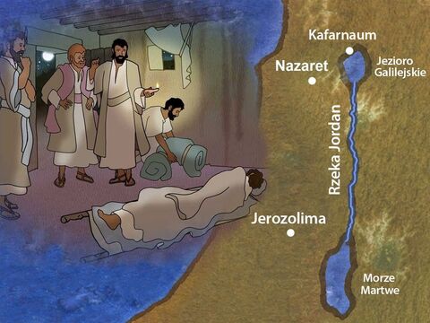 Pewnego razu Jezus był w jednym z miast Galilei. Po całym Izraelu roznosiła się wiadomość, że ma moc uzdrawiania. Ludzie przybywali z odległych miejsc, takich jak Jerozolima, aby osobiście zobaczyć i doświadczyć Jego mocy. – Slajd 1