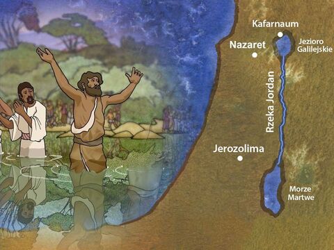 Kuzynem Jezusa był Jan Chrzciciel. Jan przygotował drogę dla służby Jezusa. Wzywał ludzi, aby porzucili swoje grzeszne drogi i dali się ochrzcić. Kuzyn Jezusa chrzcił ludzi w rzece Jordan. – Slajd 3