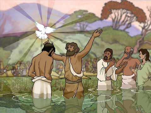 Jan ochrzcił Jezusa, a potem niebiosa się otworzyły i Duch Boży zstąpił na Jezusa pod postacią gołębicy. Z nieba rozległ się głos: „To jest mój Syn umiłowany, w którym mam upodobanie”. – Slajd 5