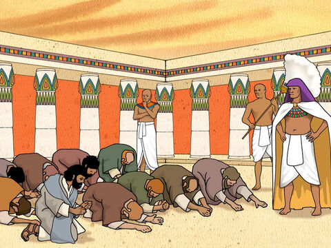 Synowie Jakuba udali się do Egiptu, aby kupić zboże. Ponieważ Józef był zarządcą Egiptu i to on decydował o sprzedaży zboża, bracia musieli udać się do niego. Kiedy przed nim stanęli, pokłonili mu się do samej ziemi. – Slajd 2